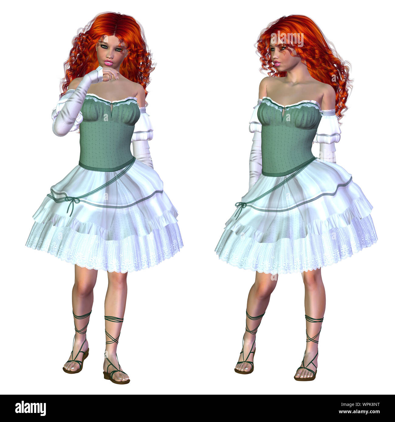 Digitally rendered illustration of a girl with red hair in green dress ...