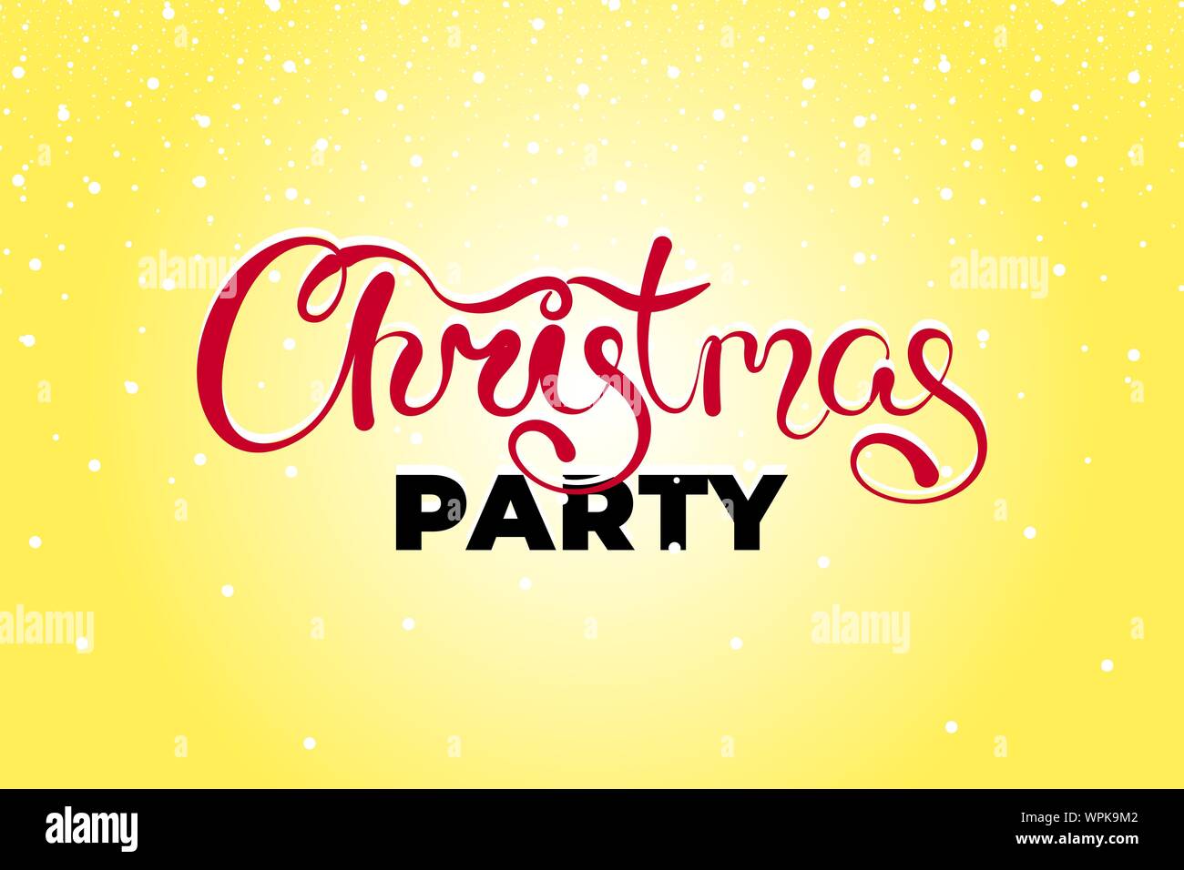 Merry Christmas Party text hand drawn calligraphic lettering design. Happy New Year holiday twist typography greeting gift poster. Xmas calligraphy font style yellow banner. Vector type illustration Stock Vector