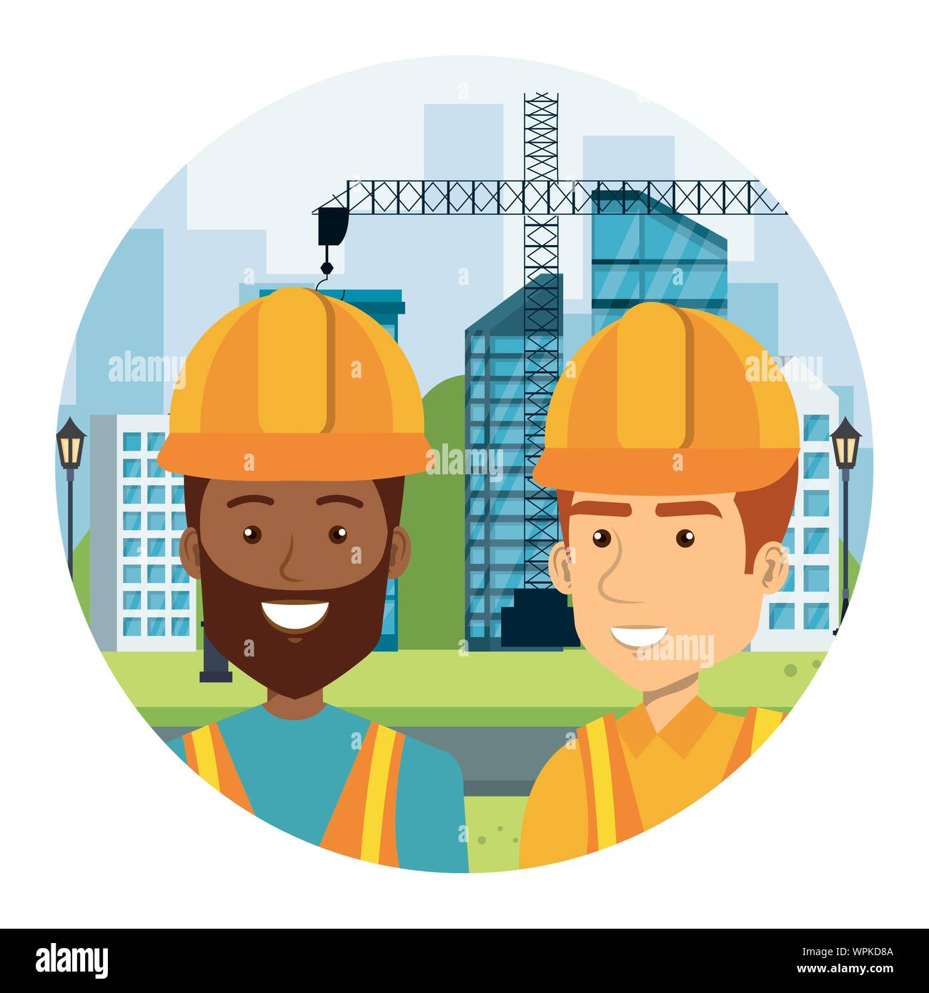 interracial builders constructors on workside characters Stock Vector