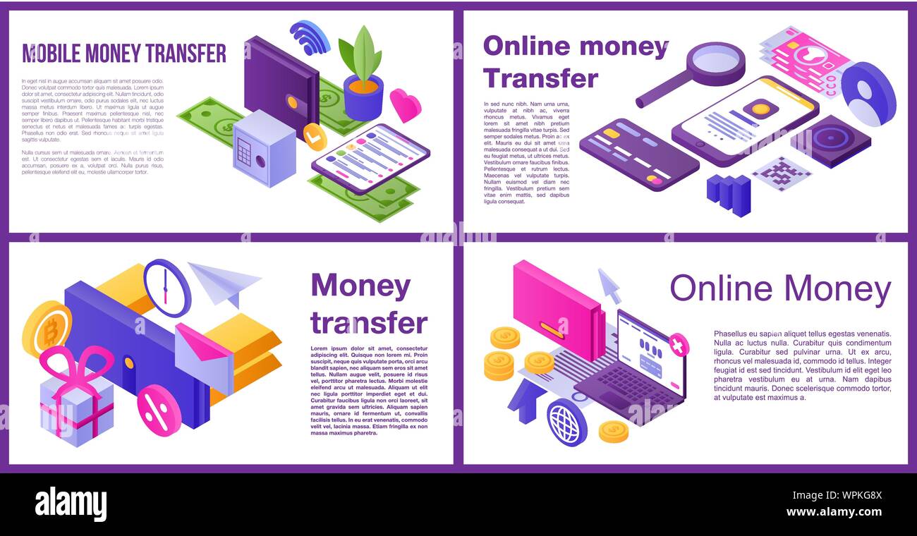 Money Transfer Banner Set Isometric Style Stock Vector Art