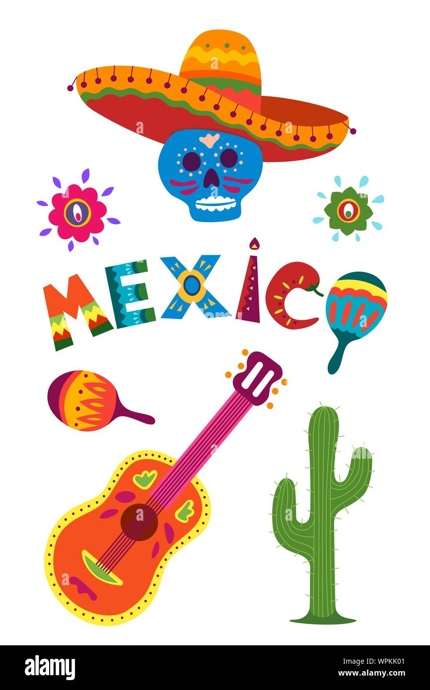 Mexico typography banner element collection with colorful text decoration set. Festive mexican sombrero and cactus vector latino flat eps illustration ideal for national holiday celebration event Stock Vector