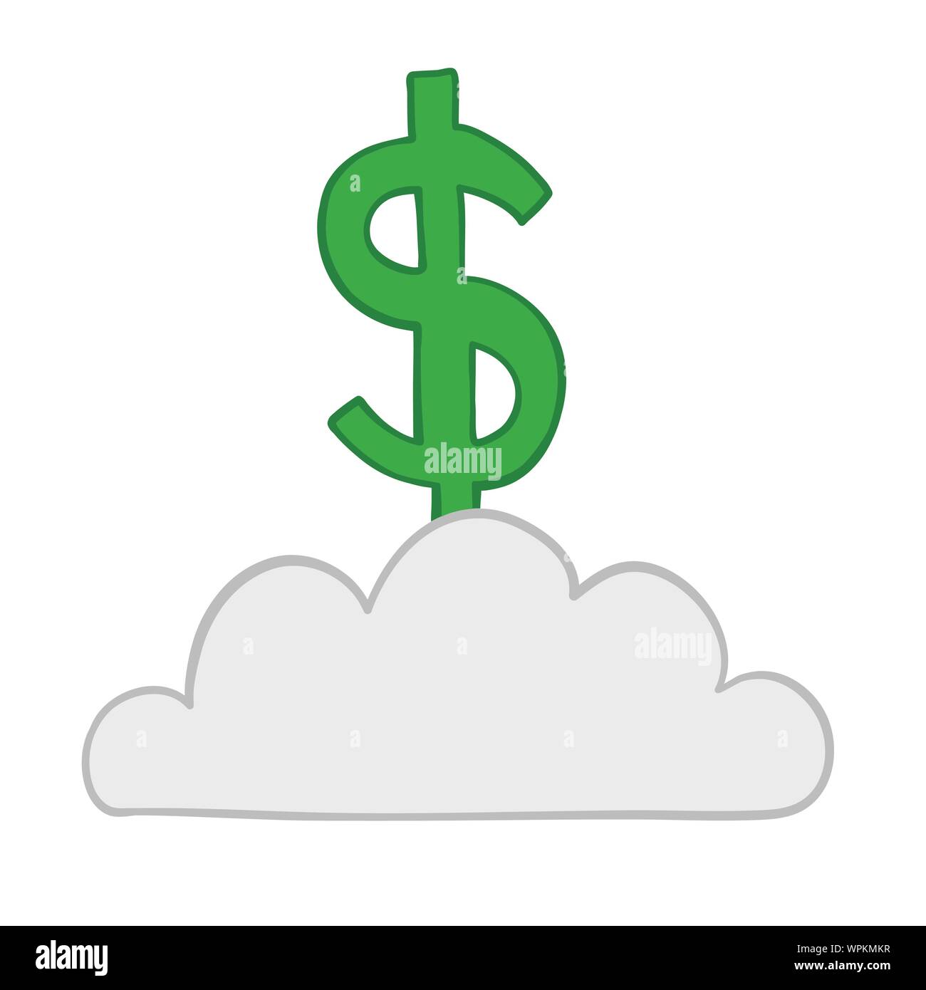 Vector illustration dollar on cloud. Hand drawn. Colored outlines. Stock Vector