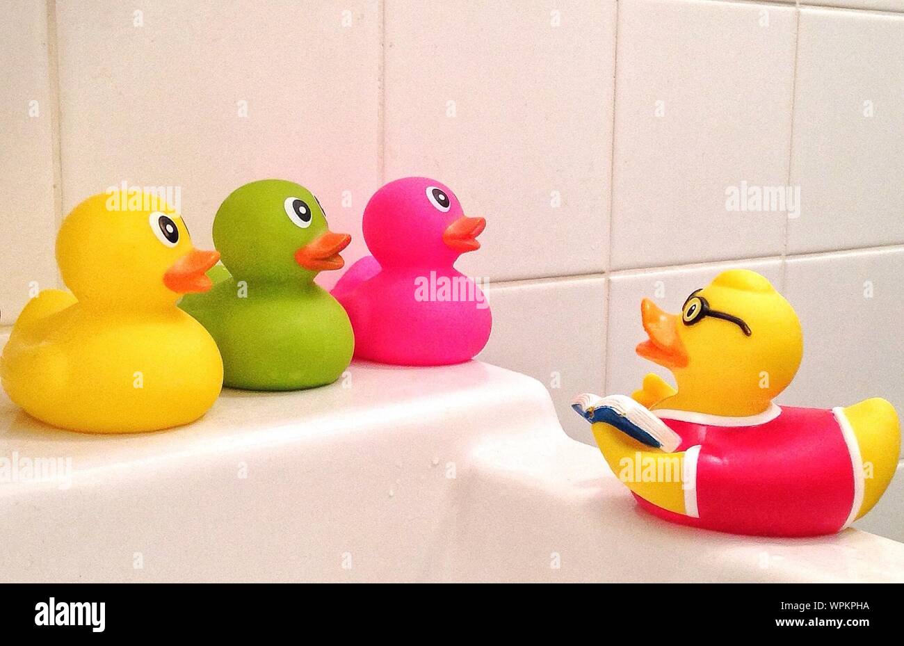 Rubber Ducks In Bathroom Stock Photo