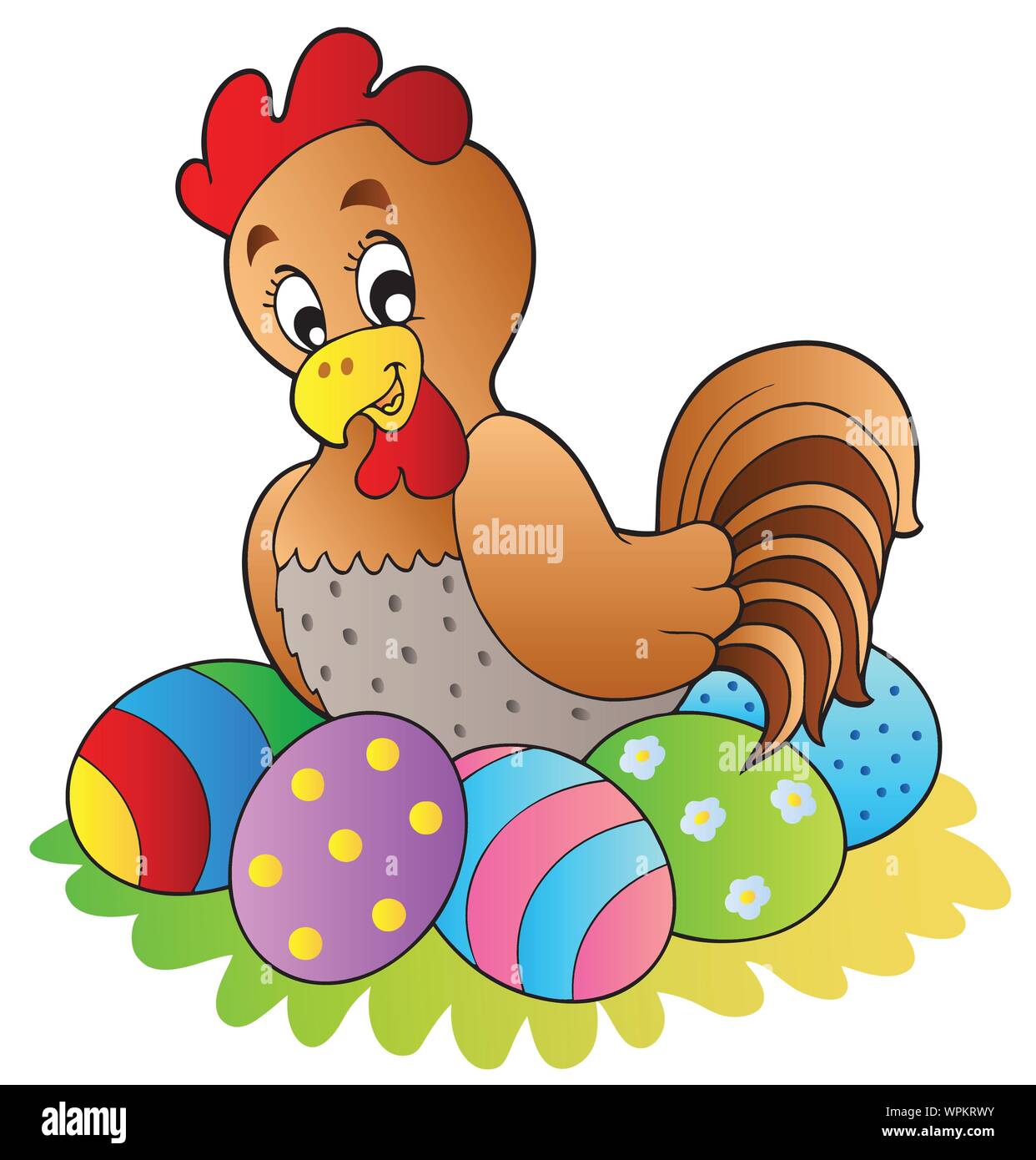 Cartoon hen with Easter eggs Stock Vector