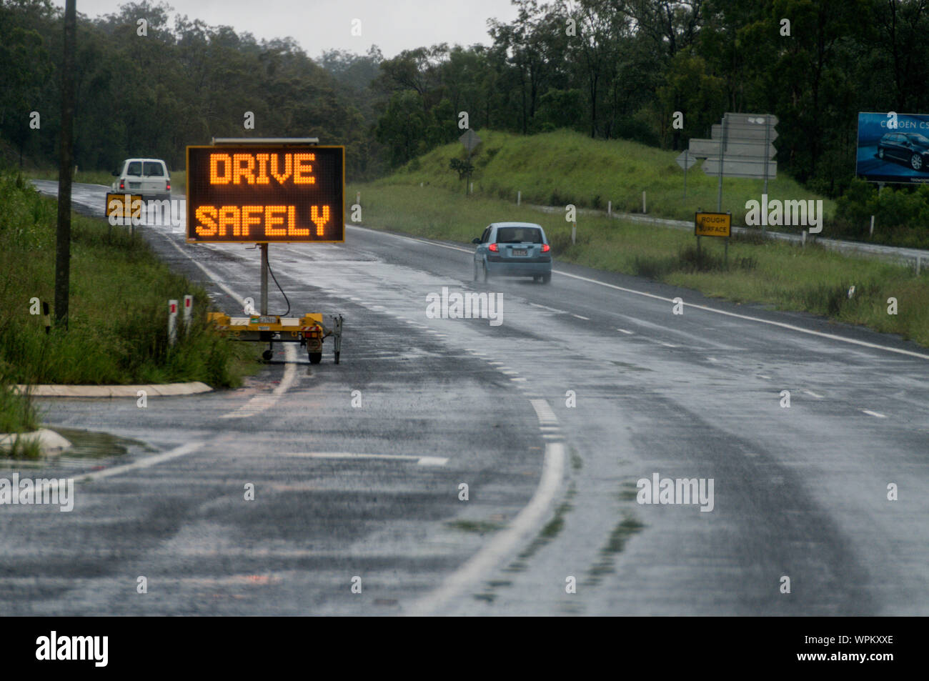 A portable illuminated road sign advising road users on road safety