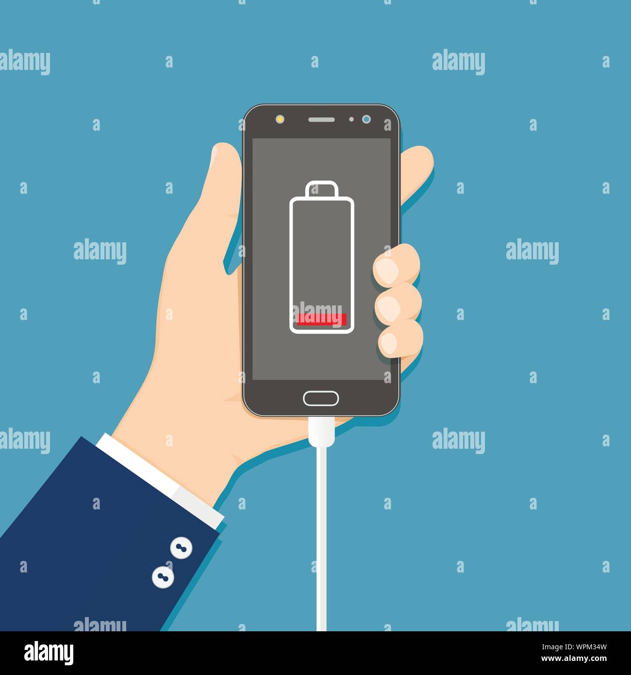 Hand holding smartphone with charger connected and low battery icon on screen. Flat vector illustration Stock Vector