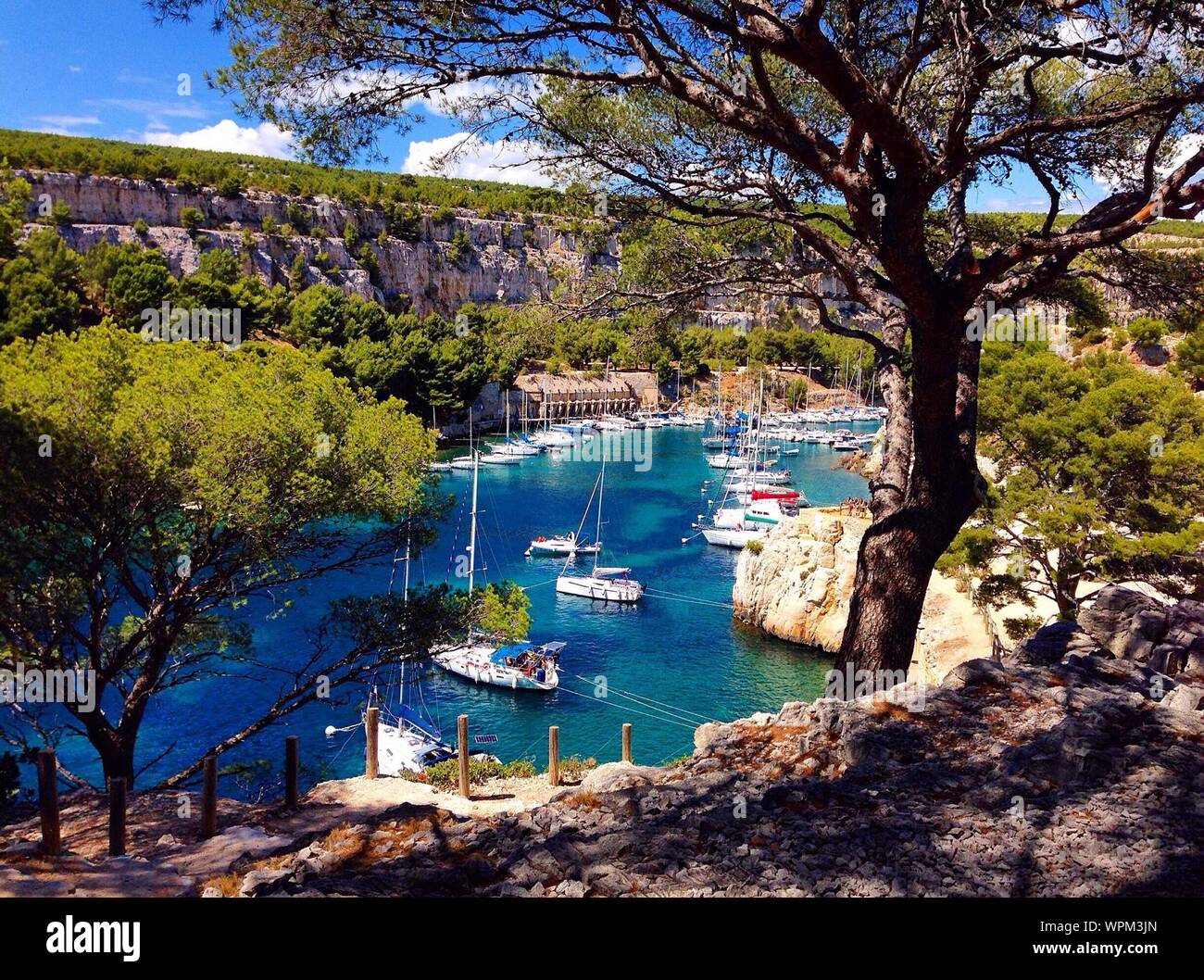 High Angle View Of Sailboats Moored In River At Calanque De Port-miou Stock Photo