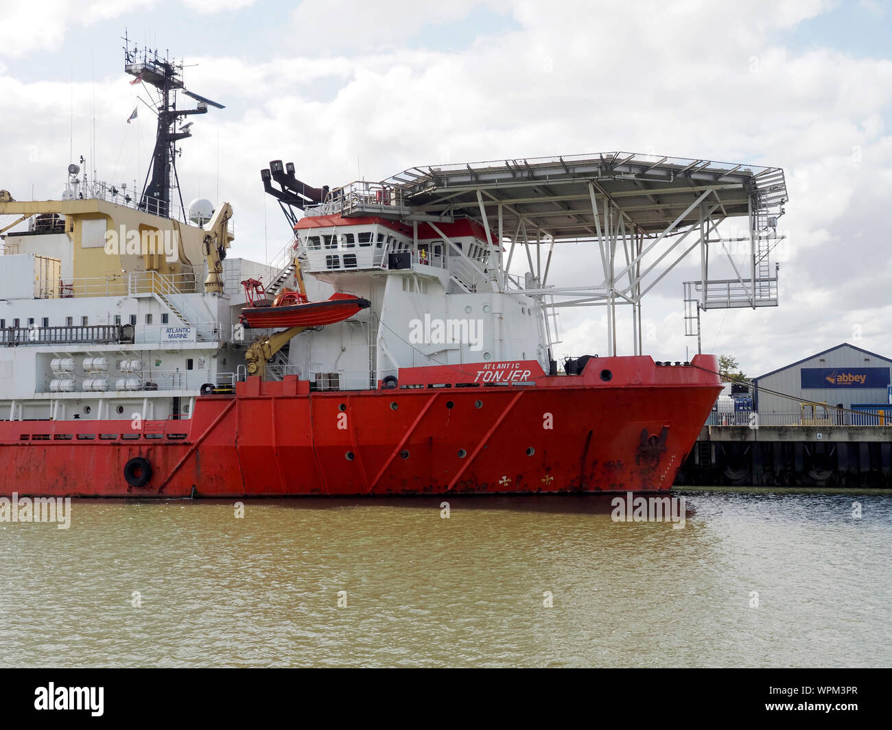 Bow, bridge and helipad of the Atlantic Tonjer, a multi-purpose supply vessel moored at Gorleston, Port of Great Yarmouth. Stock Photo