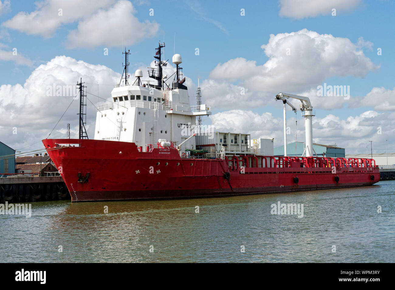 Atlantic Discovery, an offshore supply vessel moored on the Gorleston side of the port of Great Yarmouth. Stock Photo