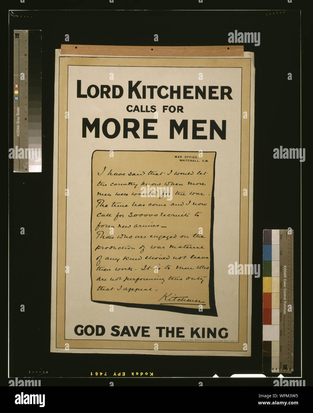Lord Kitchener calls for more men. God save the king Abstract: Poster showing a handwritten letter, on letterhead War Office, Whitehall, S.W., which reads, I have said that I would let the country know when more men were wanted for the war. The time has come and I now call for 300,000 recruits to form new armies. Those who are engaged on the production of war material of any kind should not leave their work. It is to those who are not performing this duty that I appeal. Kitchener. Stock Photo