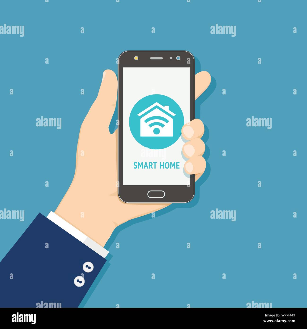 Hand holding mobile smart phone with smart home application on the screen Stock Vector