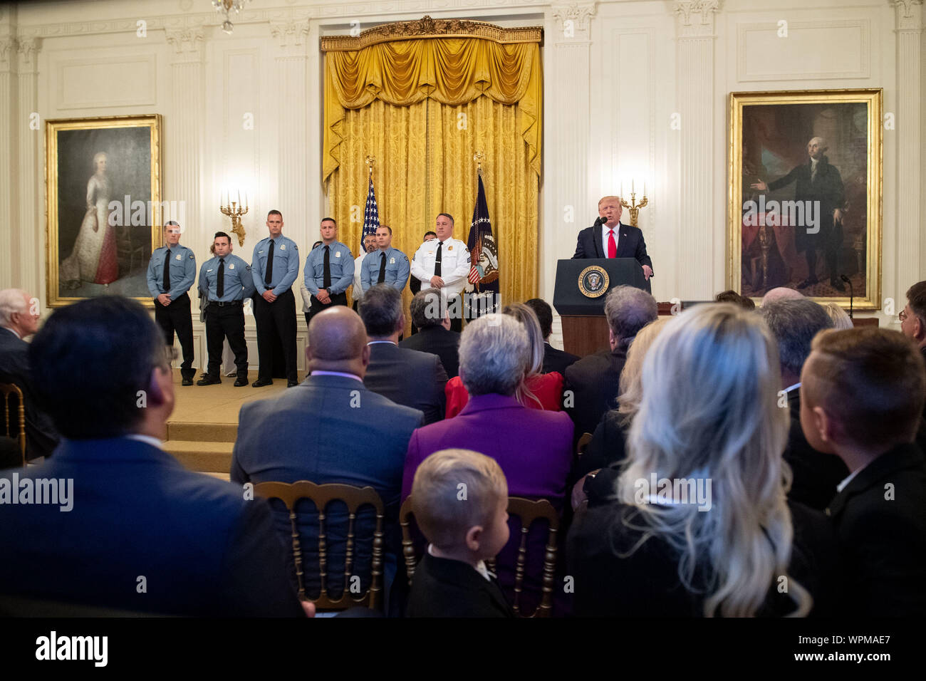 Washington, United States. 09th Sep, 2019. President Donald Trump delivers remarks before awarding the Public Safety Officer Medal of Valor and Heroic Commendations, during a ceremony in the East Room at the White House in Washington, DC on Monday, September 9, 2019. Trump recognized the six Dayton police officers who stoped a mass shooting on August 4th and honored 5 civilians who helped during a mass shooting at a Walmart in El Paso the day before. Photo by Kevin Dietsch/UPI Credit: UPI/Alamy Live News Stock Photo