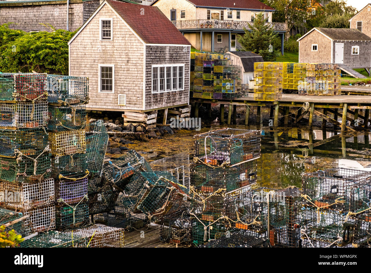 The lobster docks and pier piled high with traps in the quaint fishing