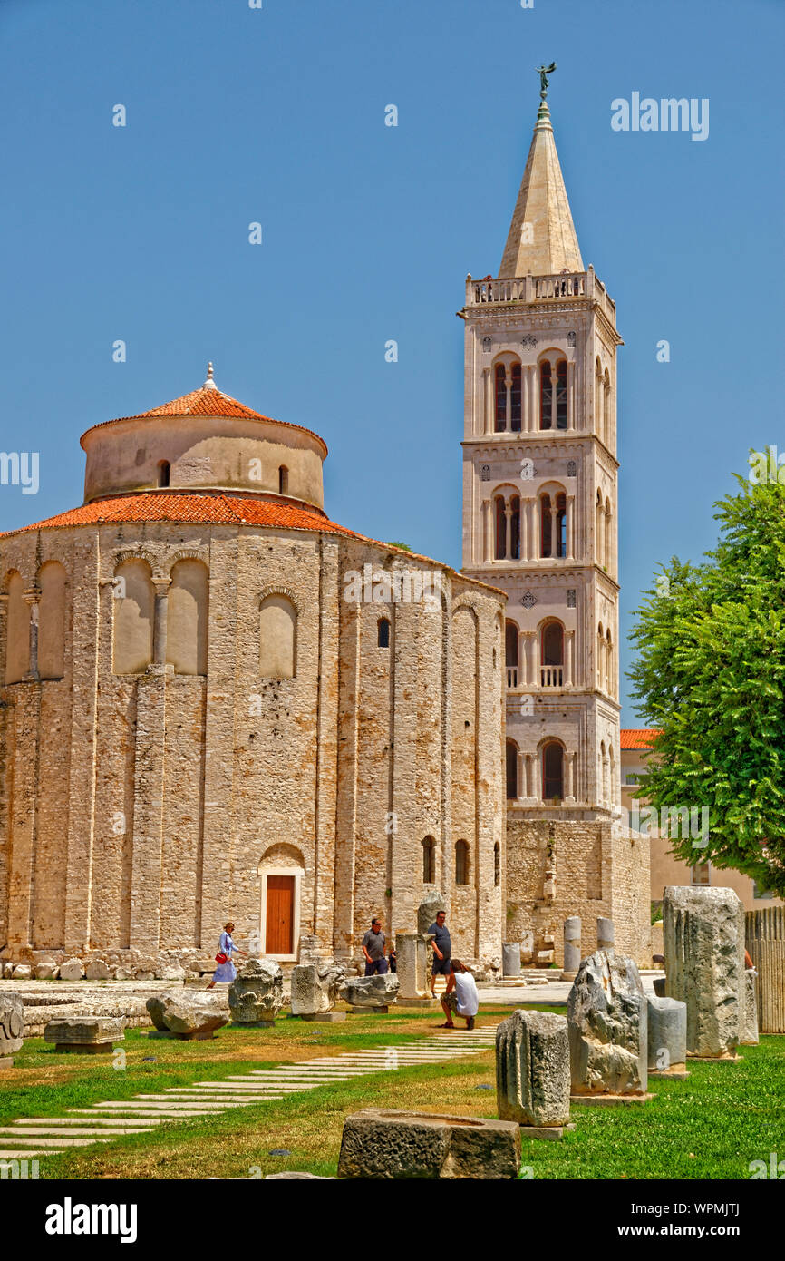 Forum area and Church of St. Donatus with the Bell-tower of St. Anastasia Cathedral beyond in Zadar Old Town, Croatia. Stock Photo