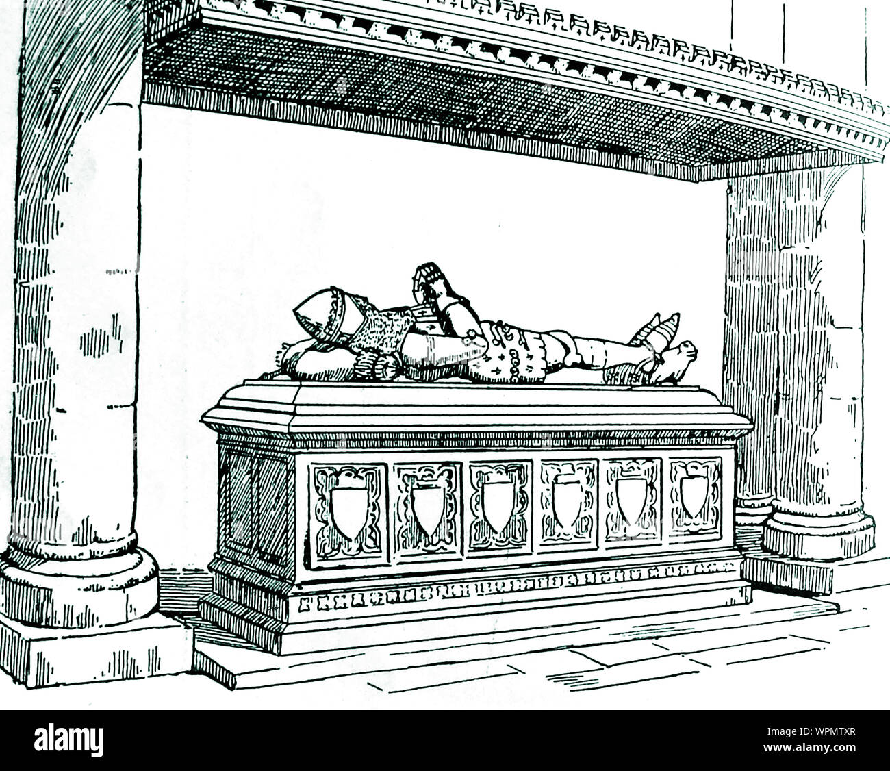 1928 illustration -Tomb and bronze effigy of  the Black Prince (1330-1376) at Canterbury Cathedral, Kent. Also known as Prince of Wales and of Aquitaine, Duke of Cornwall,Prince of Aquitaine and Gascony  and Edward of Woodstock. He was a knight of the Garter. Stock Photo