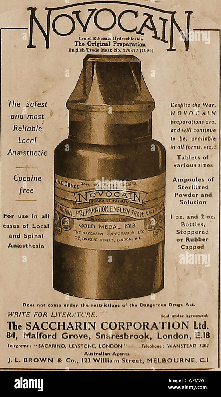 1944 British WWII medical advert for Novocain anaesthetic , sold by