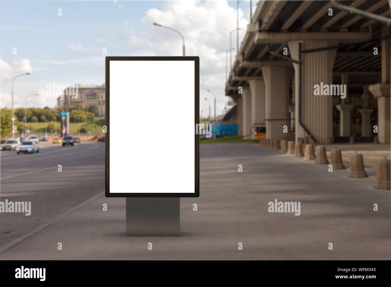 Blank street billboard poster stand mock up on city highway background ...
