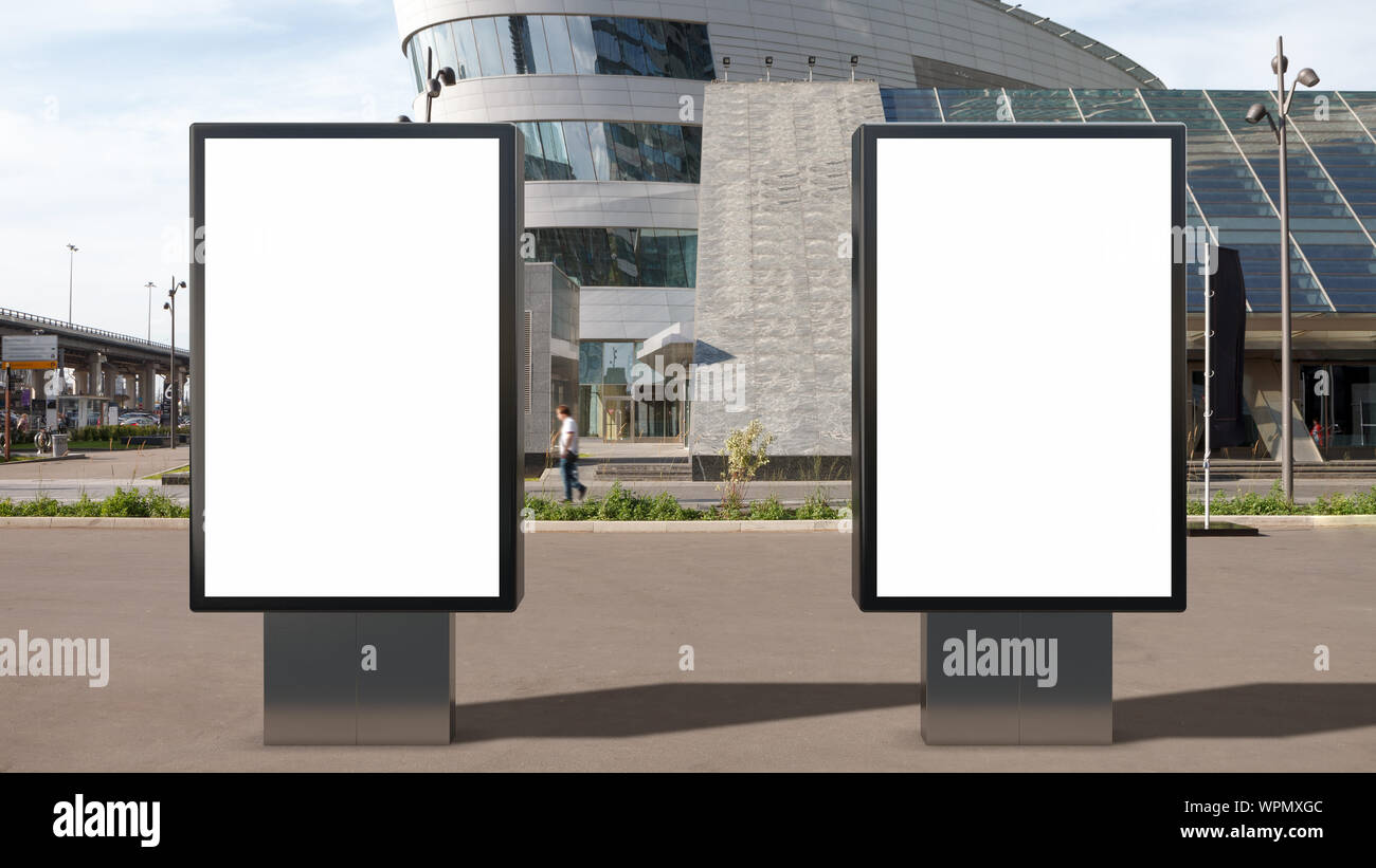 Two blank street billboard poster stand mock up on city business ...