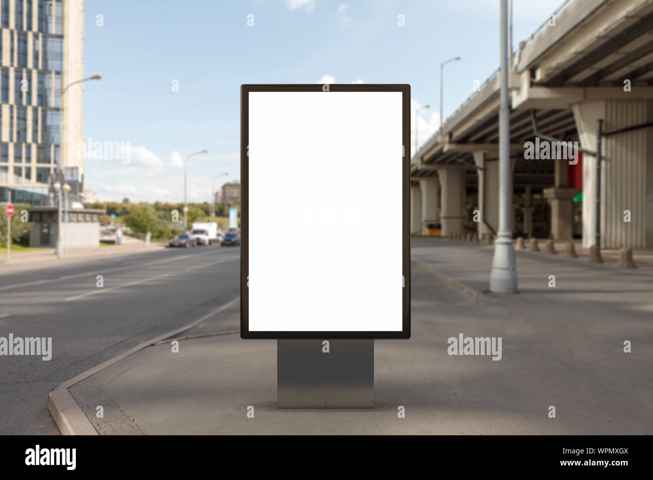 Blank street billboard poster stand mock up on city highway background ...