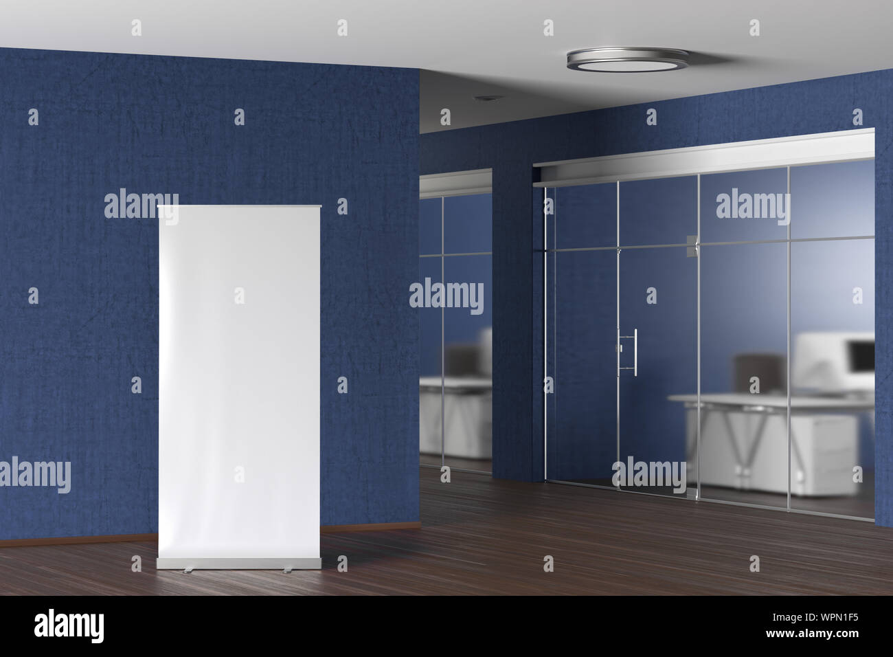 Blank roll up banner stand in blue modern office Stock Photo - Alamy