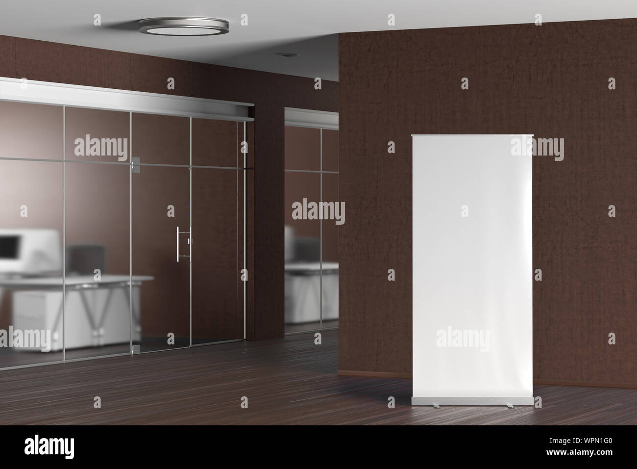 Blank roll up banner stand in brown modern office Stock Photo - Alamy