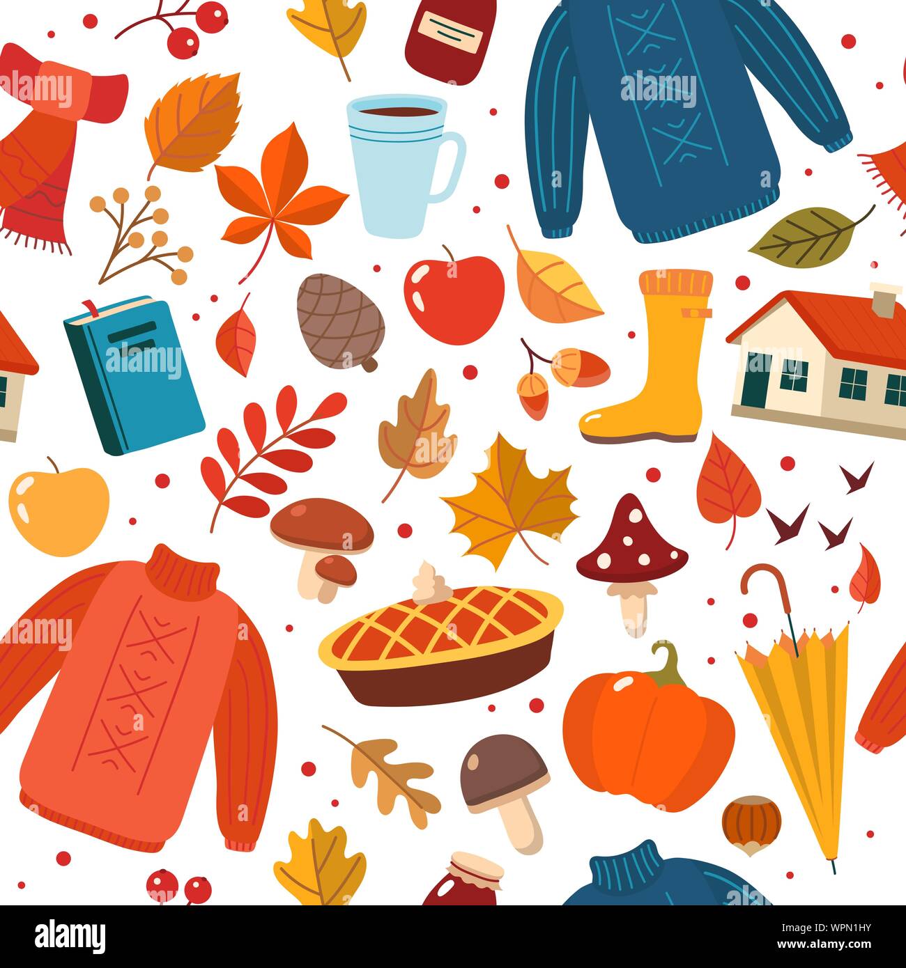 Autumn hand drawn seamless pattern with seasonal elements on white ...