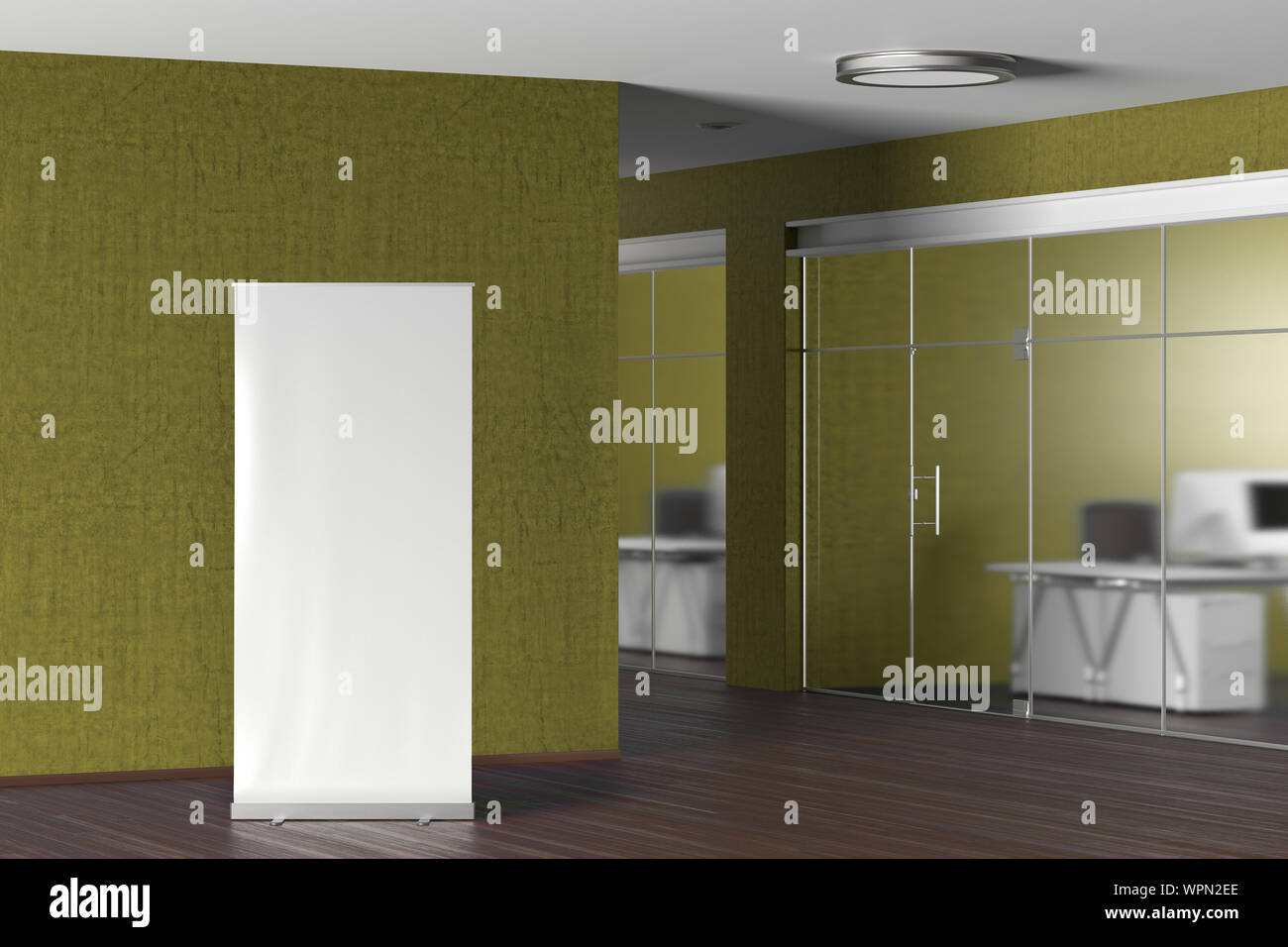 Blank roll up banner stand in yellow modern office Stock Photo - Alamy