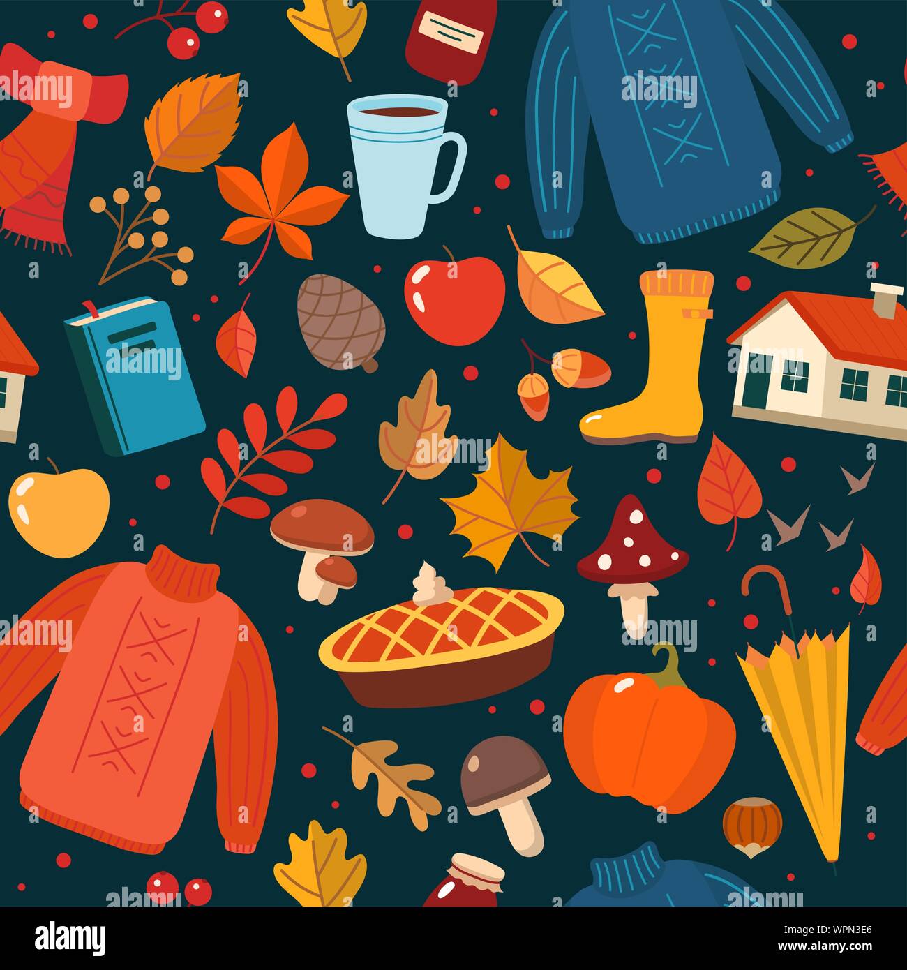 Autumn hand drawn seamless pattern with seasonal elements on dark background. Cute vector illustration in flat style Stock Vector