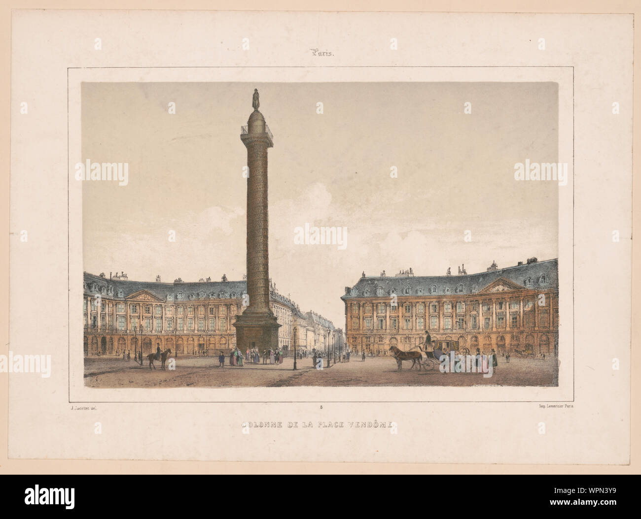 Paris. Colonne de la Place Vendôme; Print shows a street level view of Vendôme column at the center of a public square, erected during the reign of Napoleon I as a memorial to victory in the battle of Austerlitz.; Stock Photo