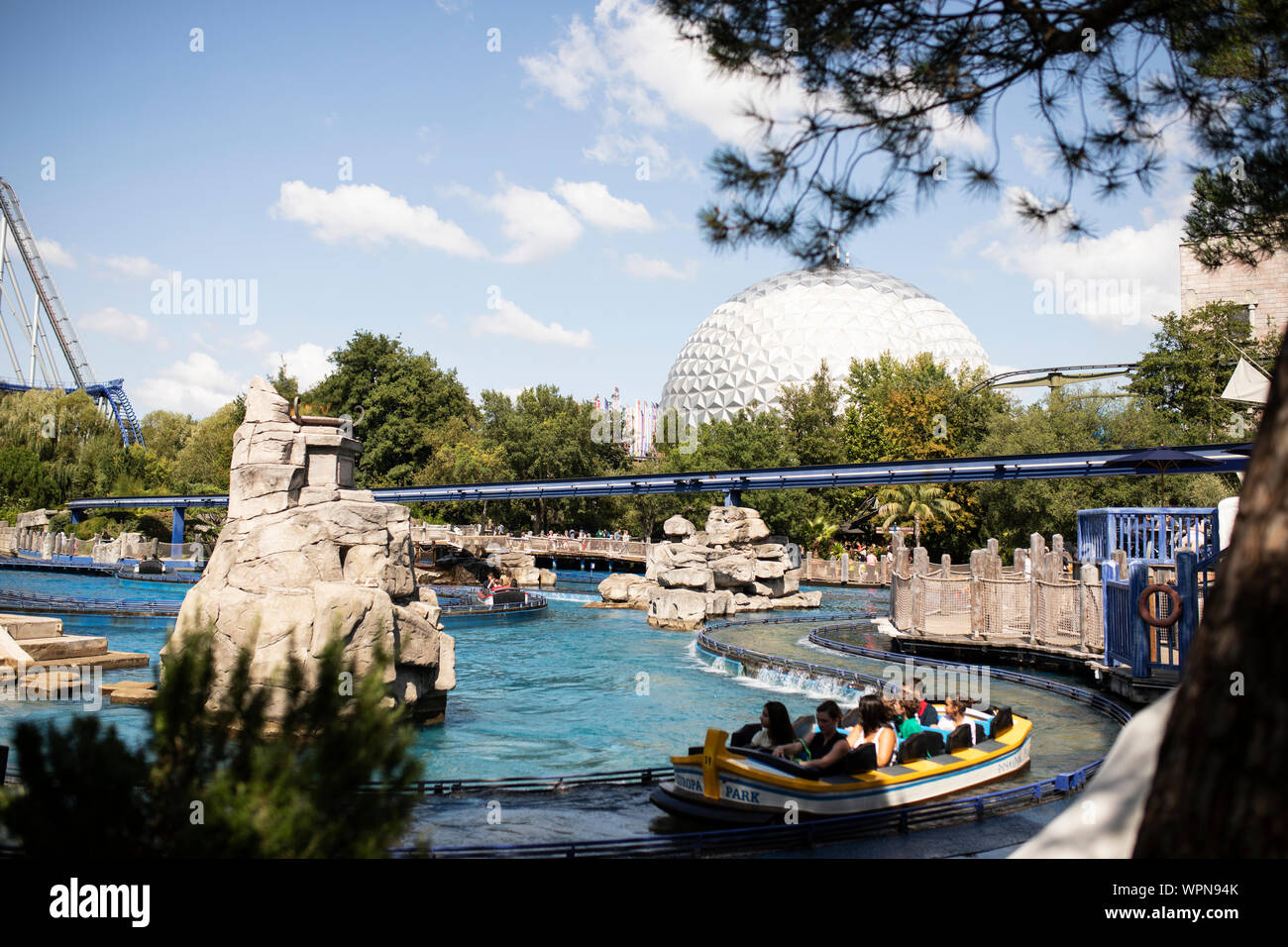 The Poseidon water roller coaster in Europa-Park in Rust, Germany. The Eurosat indoor coaster is in the background. Stock Photo