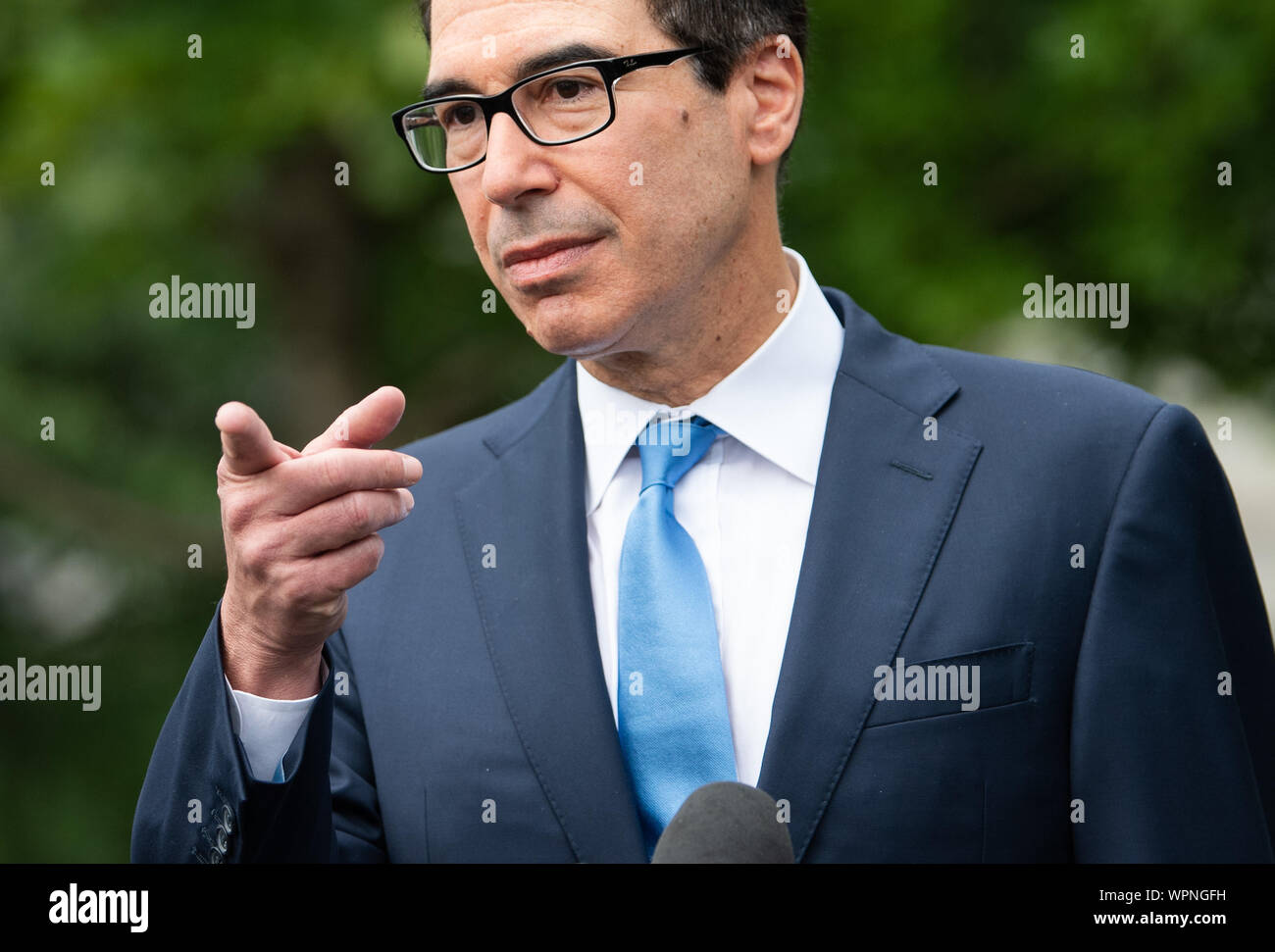 Treasury Secretary Steven Mnuchin speaks to members of the media at the White House in Washington, DC on Monday, September 9, 2019. Photo by Kevin Dietsch/UPI Stock Photo