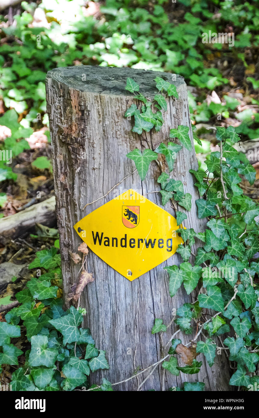 Yellow hiking trail mark on a wooden stump in the forest. Sign TRANSLATION: Wanderweg - trail, hiking path in German. Tourist signs help for orientation on hiking paths. Trailblazing, waymarking. Stock Photo