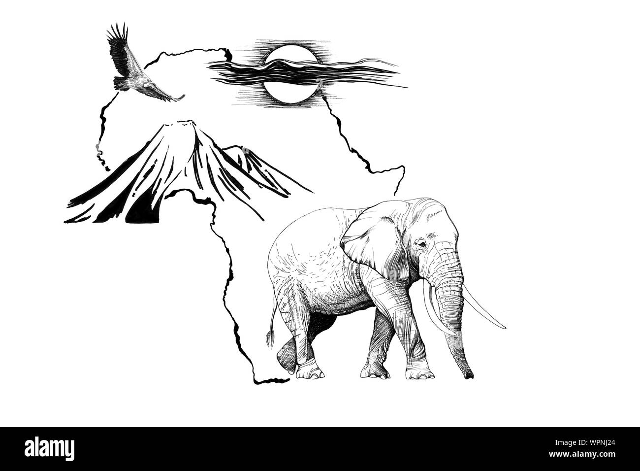 Elephant on Africa map background with Kilimanjaro mountain, vulture and sun. Collection of hand drawn illustrations (originals, no tracing) Stock Photo