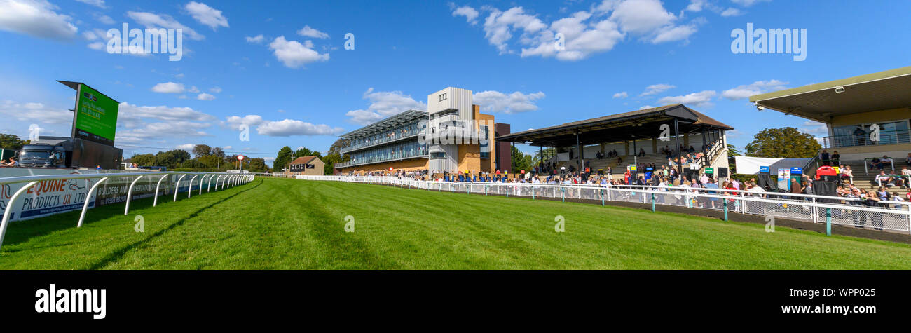 View of grandstands overlooking the finishing strait at Fontwell Park Racecourse, Fontwell, near Arundel, West Sussex, England, UK Stock Photo