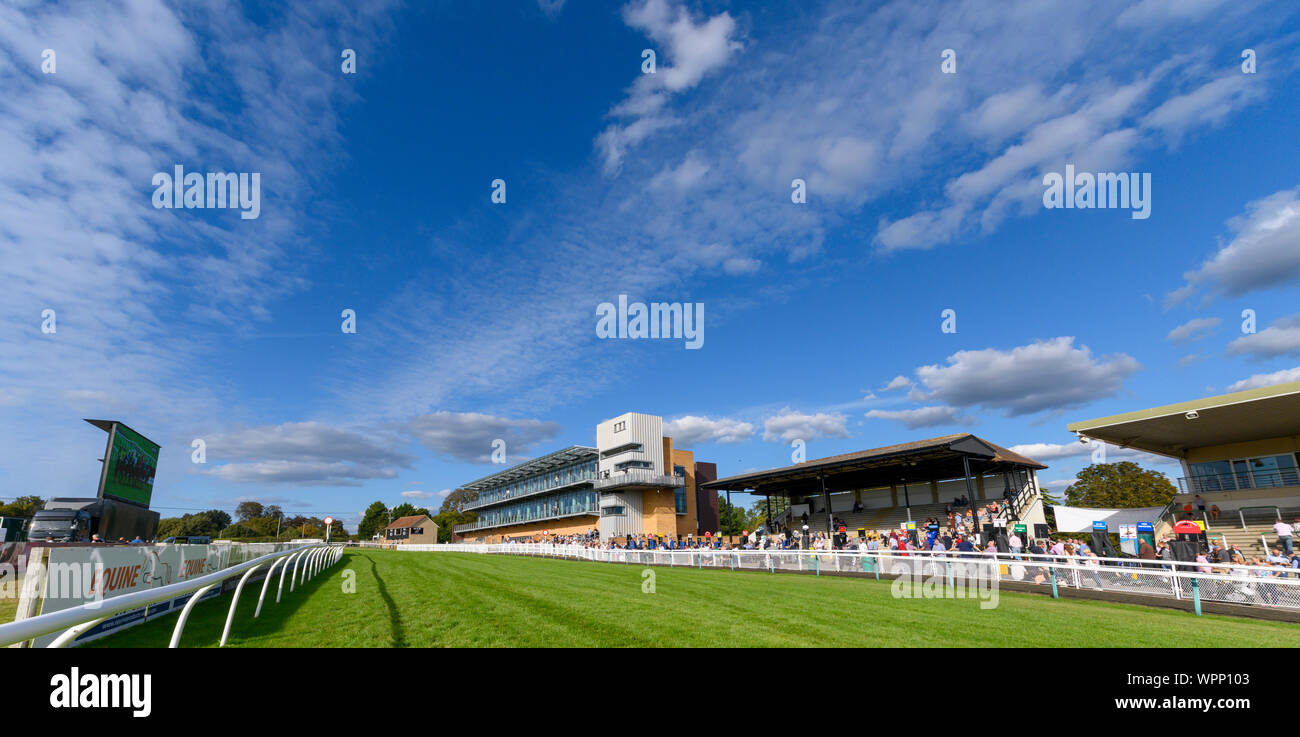 View of grandstands overlooking the finishing strait at Fontwell Park Racecourse, Fontwell, near Arundel, West Sussex, England, UK Stock Photo