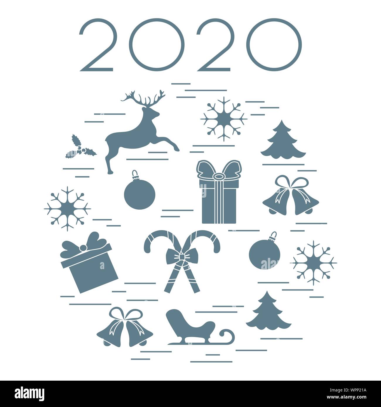 Happy New Year 2020, Merry Christmas vector illustration. Sleigh, deer ...