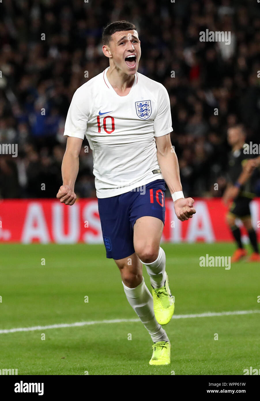 England's Phil Foden celebrates scoring his side's first goal of the game during the 2019 UEFA European Under-21 Championship match at the KCOM Stadium, Kingston-upon-Hull. Stock Photo