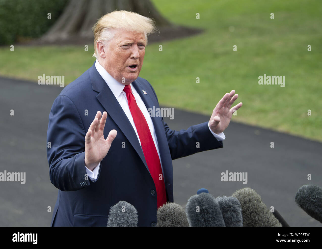 Washington, United States. 09th Sep, 2019. President Donald Trump speaks to the media as he departs the White House for a rally in North Carolina, in Washington, DC on Monday, September 9, 2019. Photo by Kevin Dietsch/UPI Credit: UPI/Alamy Live News Stock Photo