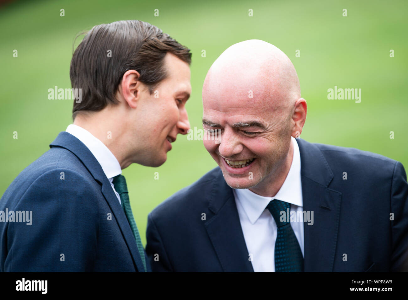 Washington DC, USA. 09th Sep, 2019. Jarred Kushner, White House advisor, speaks to FIFA President Gianni Infantino, as President Trump (not shown) speaks to the media as Trump departs the White House for a rally in North Carolina, in Washington, DC on Monday, September 9, 2019. Photo by Kevin Dietsch/UPI Credit: UPI/Alamy Live News Stock Photo