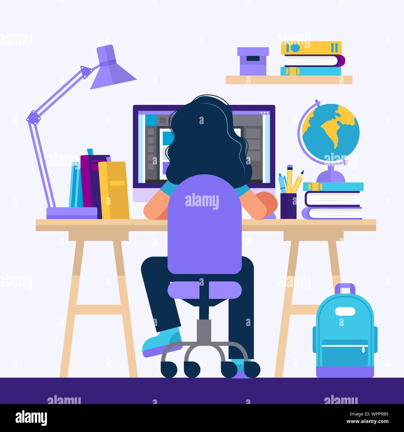 Girl Sitting At The Desk Learning With Computer Concept