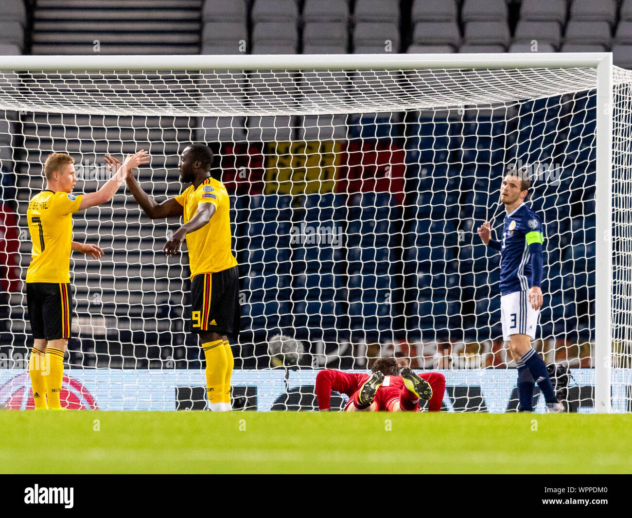 Glasgow, Scotland. 09th Sep, 2019. 9th September 2019; Hampden Park, Glasgow, Scotland; European Championships 2020 Qualifier, Scotland versus Belgium; Romelu Lukaku of Belgium celebrates after scoring the opening goal past Scotland goalkeeper Marshall in the ninth minute with Kevin De Bruyne of Belgium - Editorial Use Only. Credit: Action Plus Sports Images/Alamy Live News Stock Photo