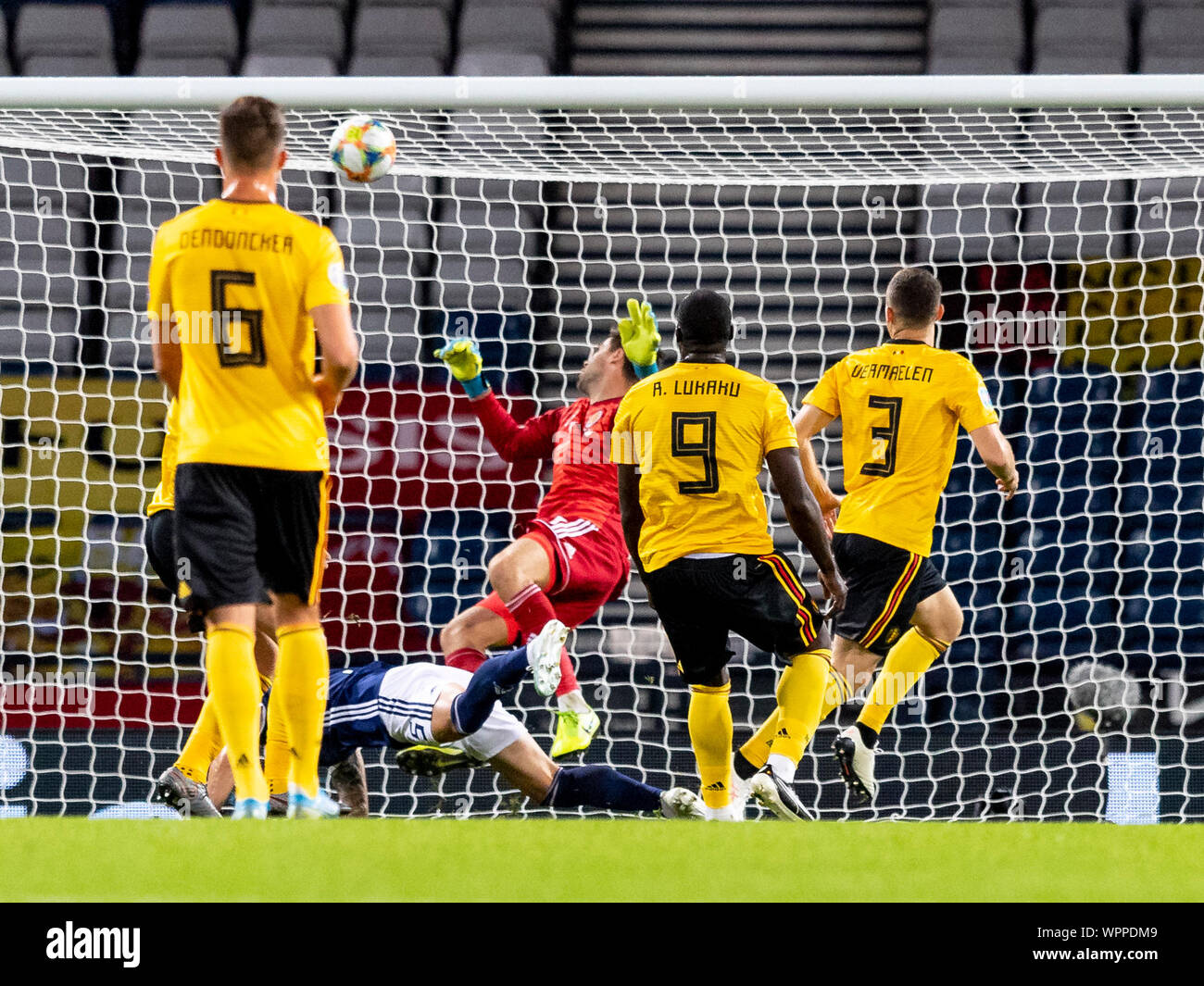 Glasgow, Scotland. 09th Sep, 2019. 9th September 2019; Hampden Park, Glasgow, Scotland; European Championships 2020 Qualifier, Scotland versus Belgium; Romelu Lukaku of Belgium celebrates after scoring the opening goal past Scotland goalkeeper Marshall in the ninth minute with Kevin De Bruyne of Belgium - Editorial Use Only. Credit: Action Plus Sports Images/Alamy Live News Stock Photo