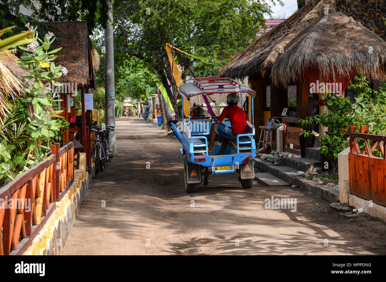 GILI AIR, LOMBOK / INDONESIA -MAY 30, 2014: traditional horse carriage in Gili Air Island. No motorized vehicles are allowed on the island. Stock Photo