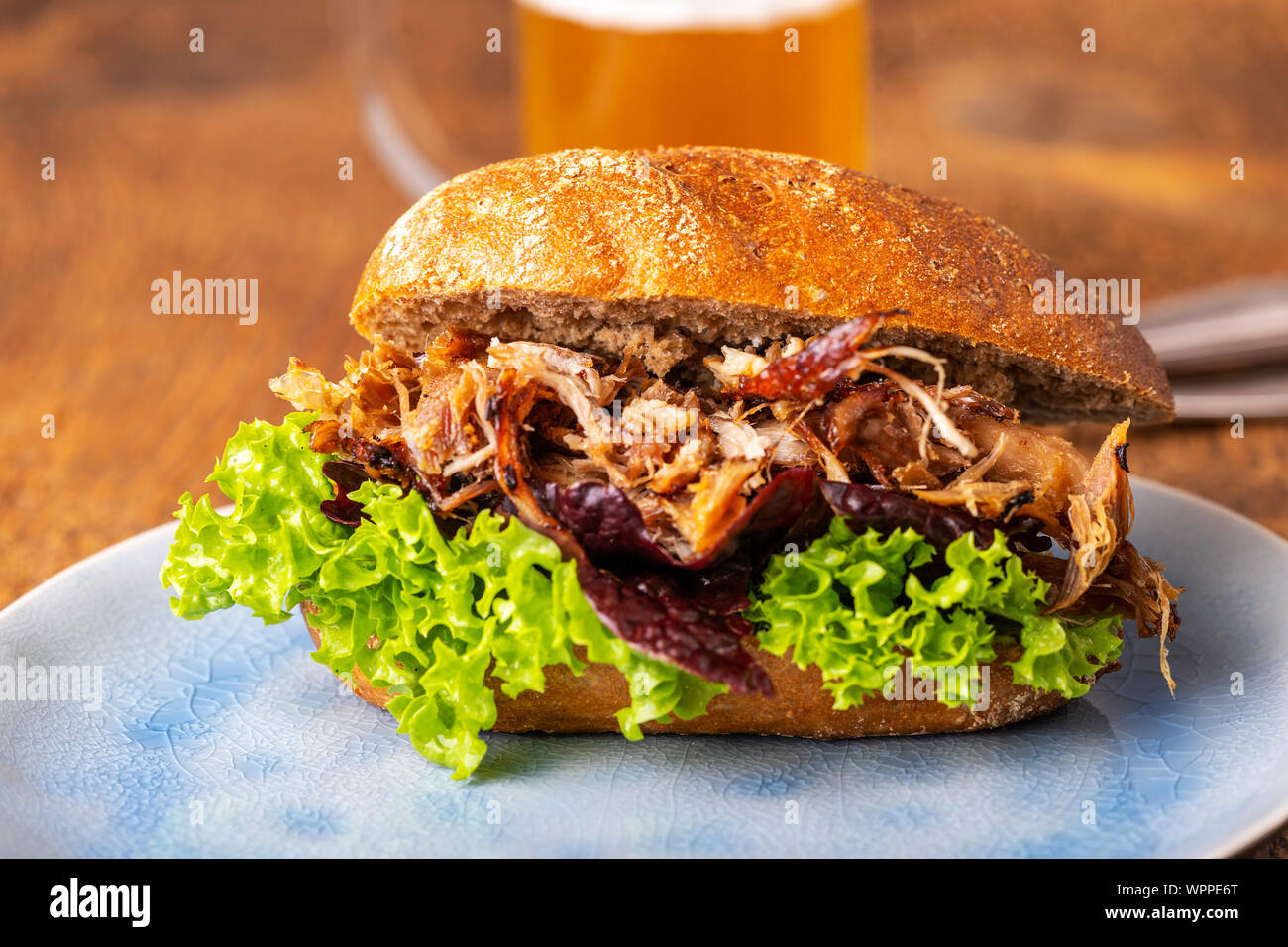 pulled pork in a bun with beer Stock Photo