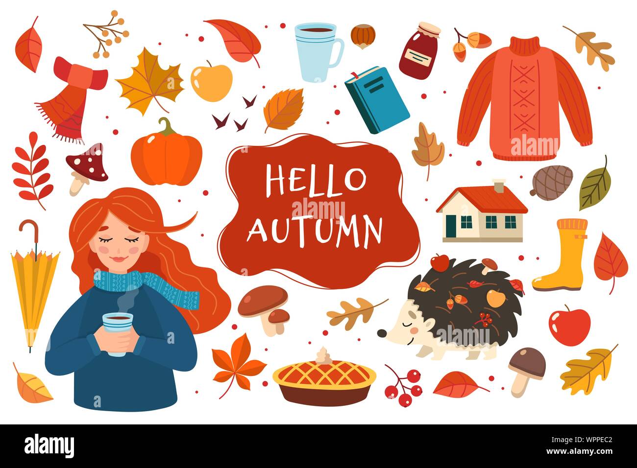 Autumn hand drawn elements collection with lettering on white ...