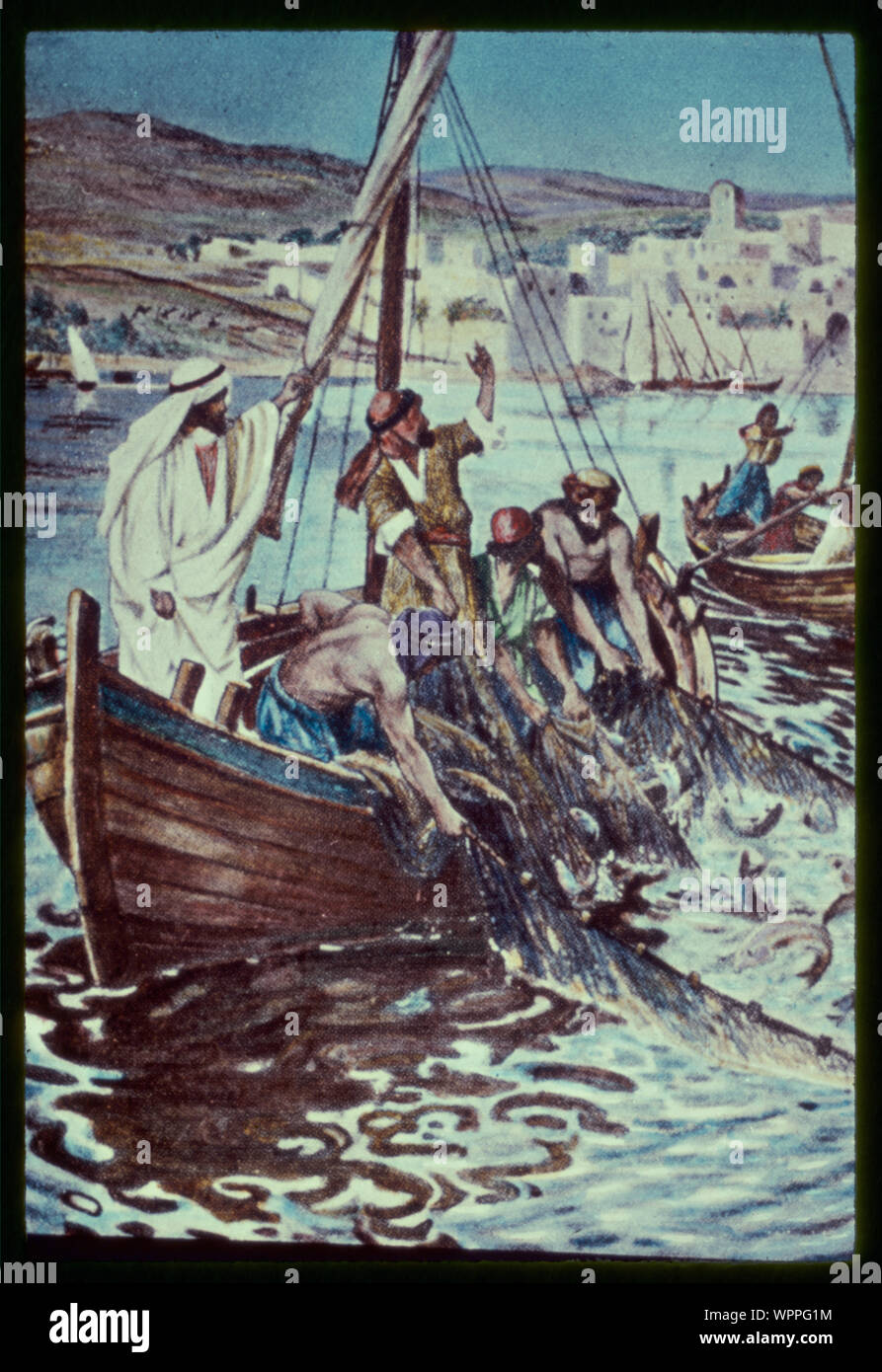 Luke 5:4-7. The preaching ended, Jesus commendeth Simon Peter to let down his net in deep water, which being done, a great multitude of fishes is enclosed Stock Photo