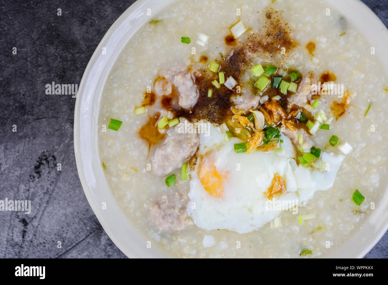 Congee Rice Porridge With Minced Pork Boiled Egg Great For Breakfast Stock Photo Alamy
