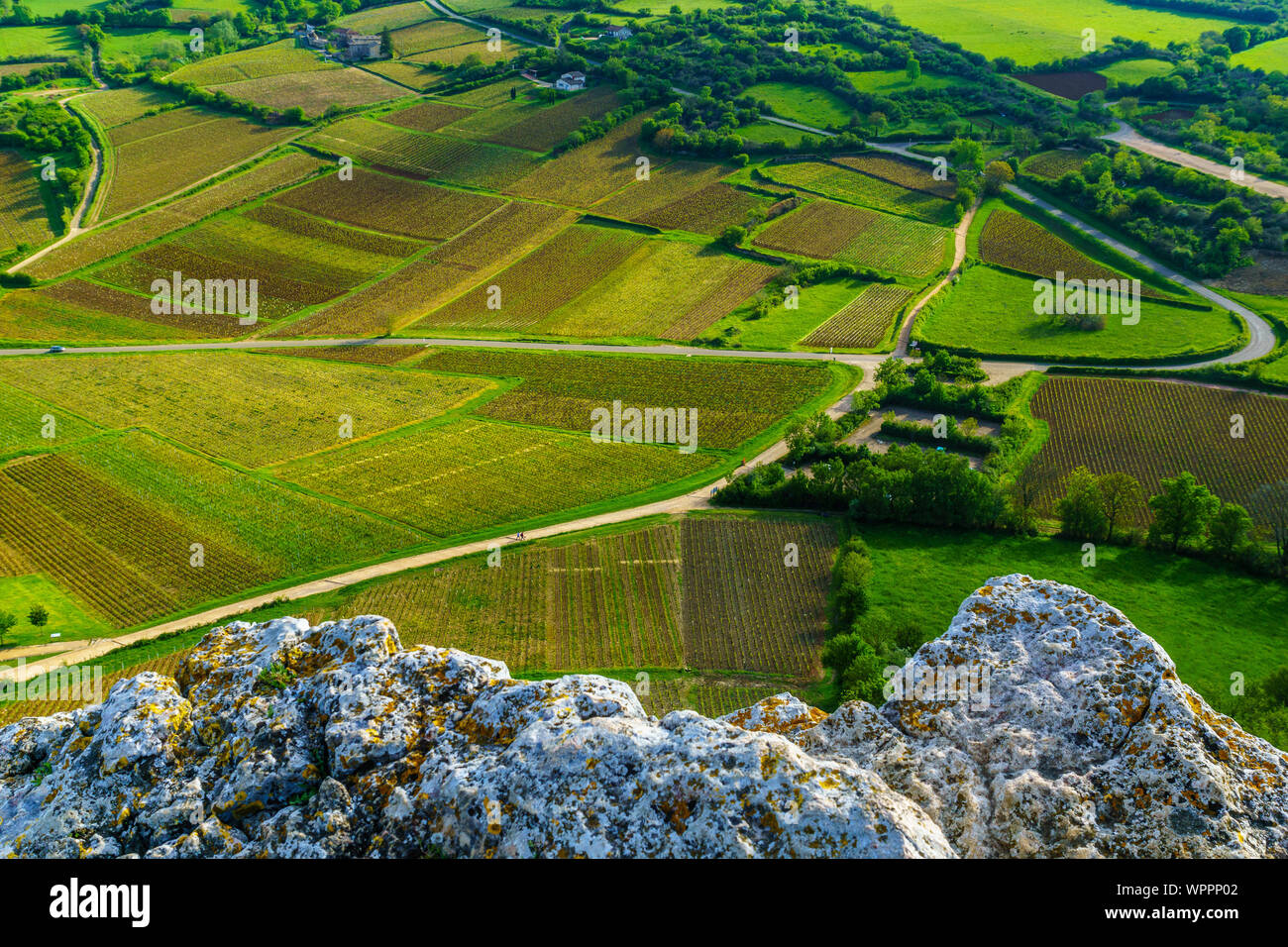 Landscape of vineyards and countryside, viewed from the Rock of Solutre (la roche), in Saone-et-Loire department, Burgundy, France Stock Photo