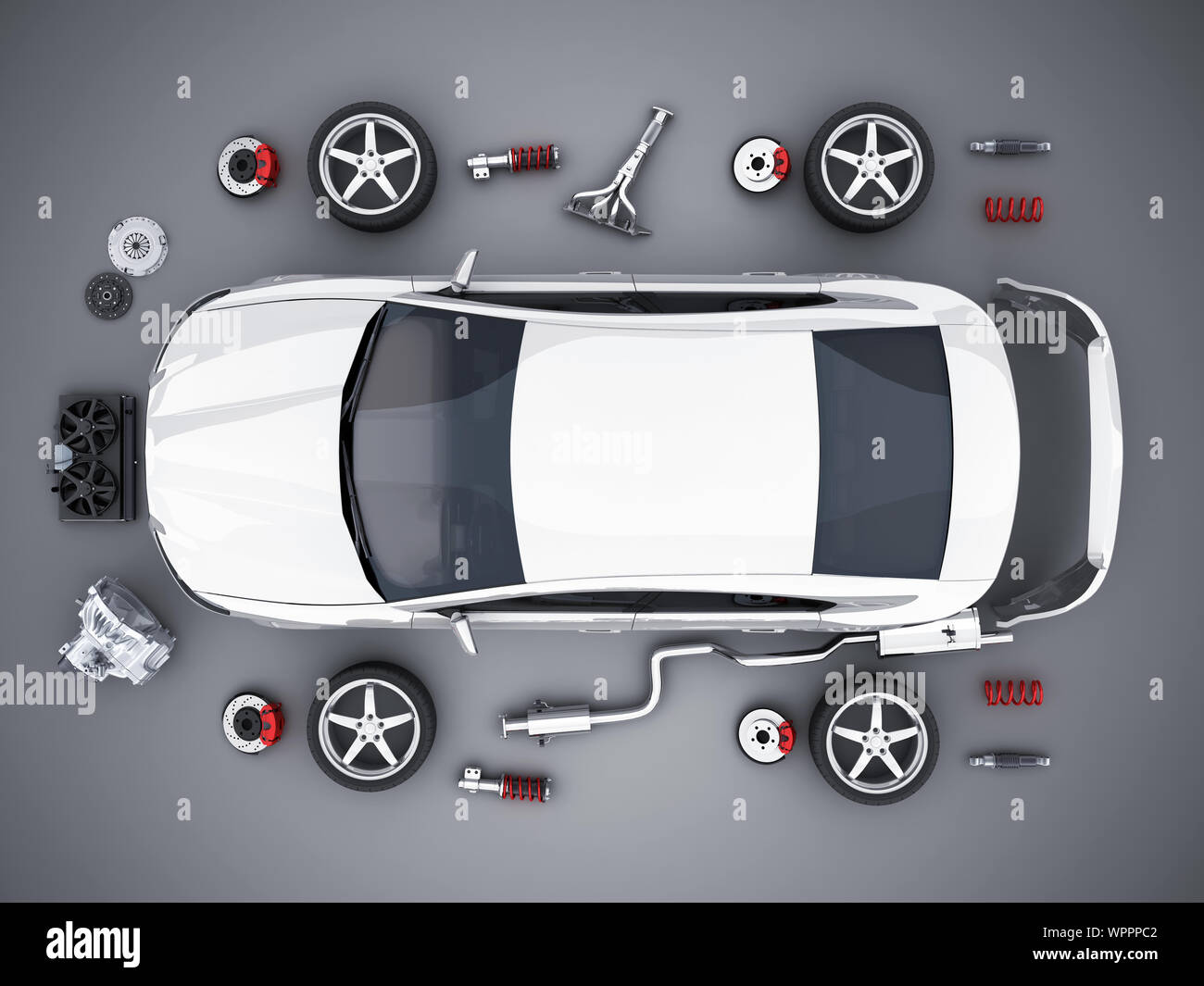 Car body disassembled and many vehicles parts, view top. 3d