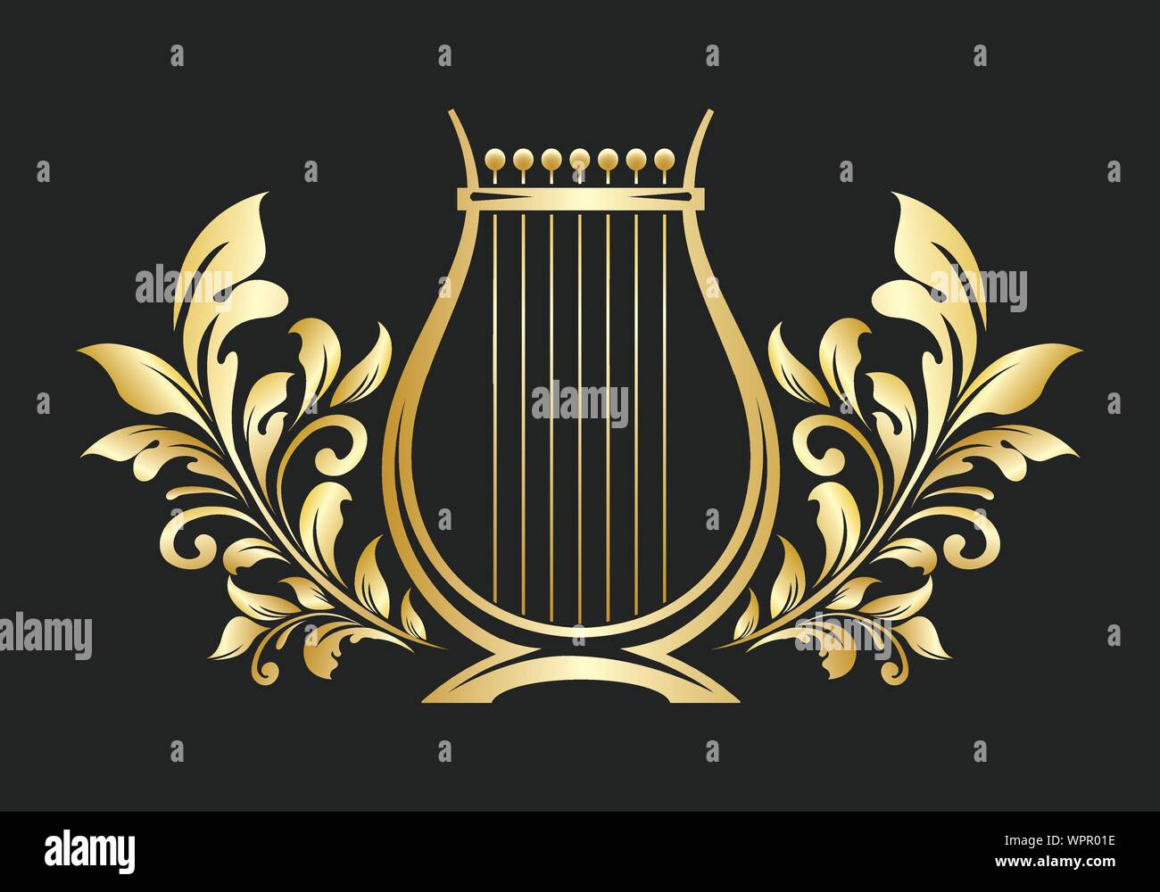 Lyre or cither Golden Emblem. Music logo or icon. Vector illustration. Stock Vector